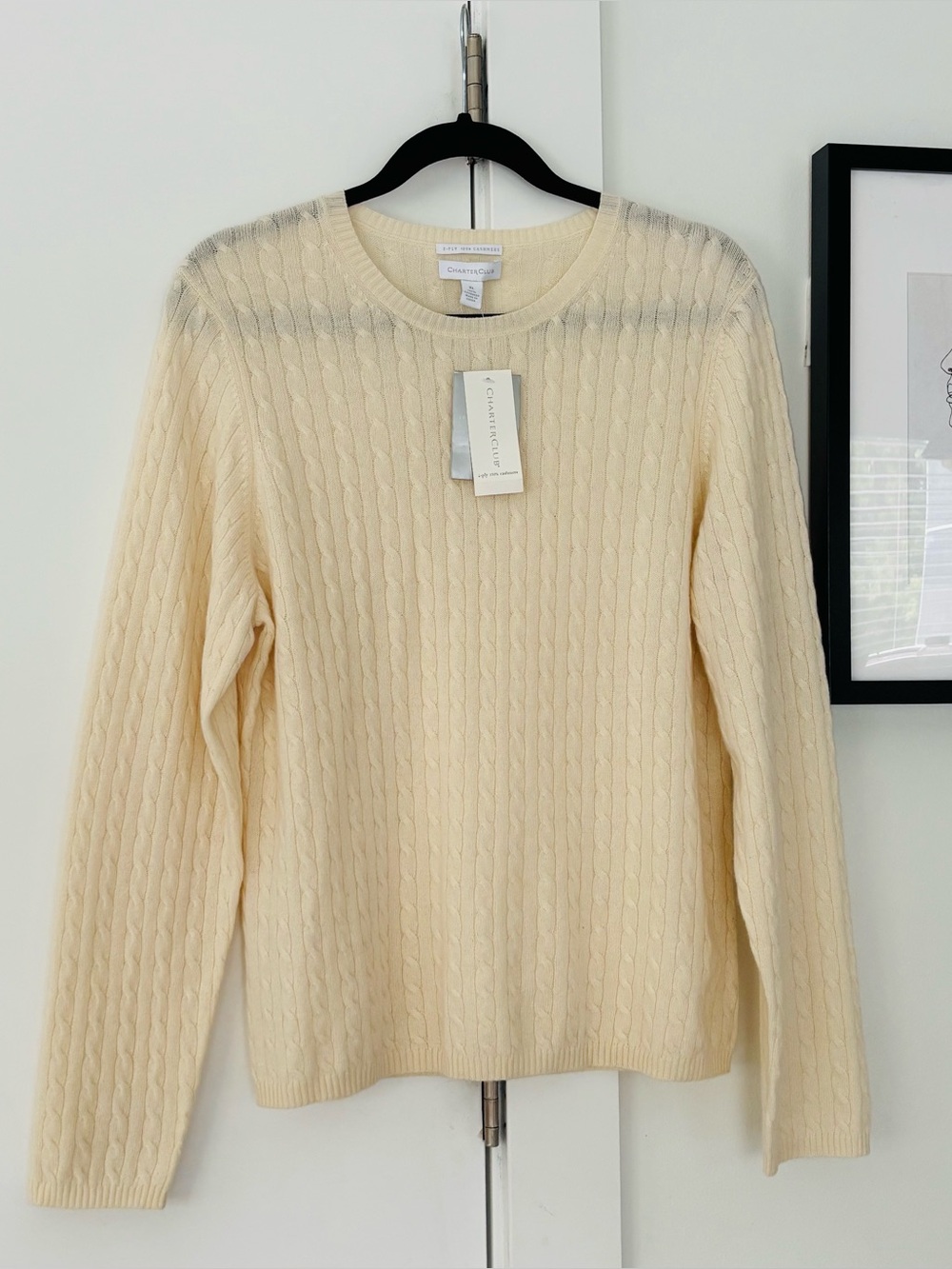 NWT Women's Charter Club 2 ply cashmere cable knit crewneck sweater cream XL